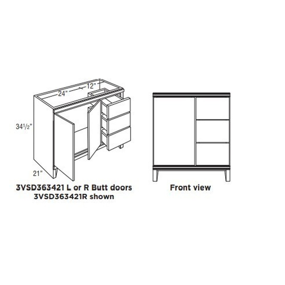 Omni Sink Double Door 3 Drawer Base 36" Wide (Right) - Hammock